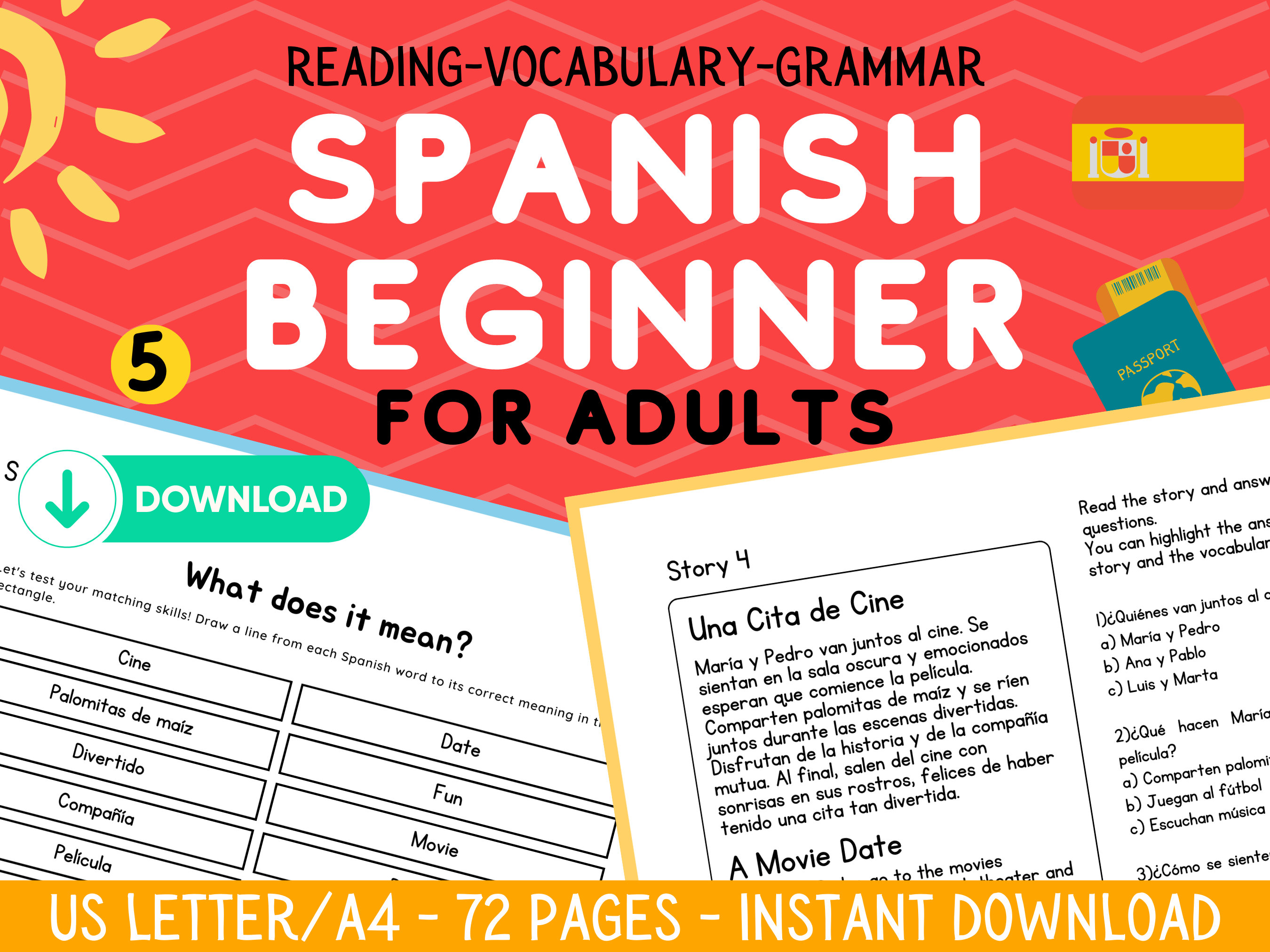 Spanish Beginner Worksheets for Adults, Reading Comprehension, Printable Workbook, Learn Grammar