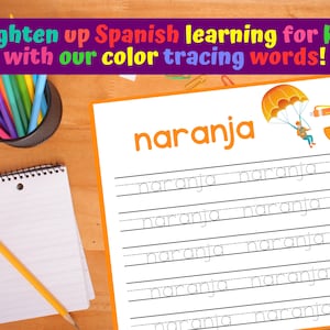 Pode incluir: Uma folha de trabalho imprim&iacute;vel para crian&ccedil;as que aprendem espanhol. A folha de trabalho apresenta a palavra "naranja" (laranja) e tem linhas para tra&ccedil;ar a palavra v&aacute;rias vezes. H&aacute; uma ilustra&ccedil;&atilde;o de desenho animado de uma laranja com um paraquedas.
