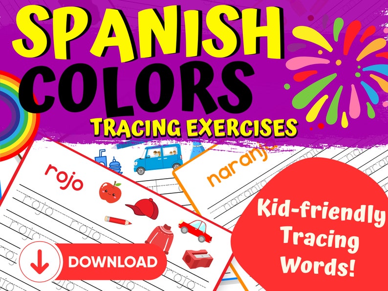 Pode incluir: Uma folha de trabalho imprim&iacute;vel com exerc&iacute;cios de tra&ccedil;ado para palavras de cor em espanhol. A folha de trabalho apresenta a palavra "rojo" (vermelho) com uma ma&ccedil;&atilde; vermelha, um l&aacute;pis vermelho, um chap&eacute;u vermelho e um carro vermelho. O texto "DOWNLOAD" tamb&eacute;m &eacute; vis&iacute;vel.