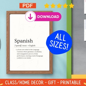 Arte de pared de definición en español, decoración de aula imprimible, recursos para maestros bilingües, tipografía moderna, descarga digital instantánea, PDF
