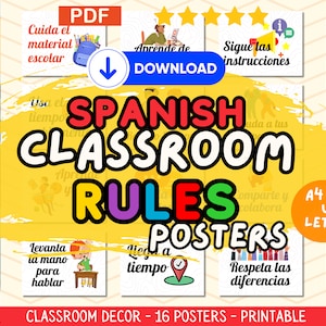 Ensemble d'affiches de règles de classe espagnole, décor d'art mural éducatif, affichage d'expressions bilingues, carteles, téléchargement, ressources imprimables, PDF