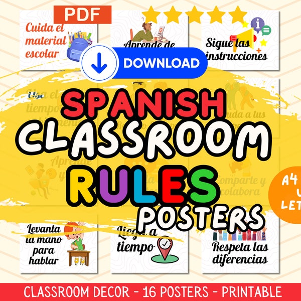 Ensemble d'affiches de règles de classe espagnole, décor d'art mural éducatif, affichage d'expressions bilingues, carteles, téléchargement, ressources imprimables, PDF