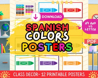 Spanish Colors Crayon Poster Set, Educational Wall Art Decor, Bilingual Expressions Display, Carteles, Download, Printable Resources, PDF