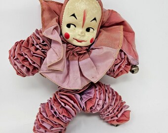 Vintage Yo-Yo Clown Rag Doll Pink Jester Hat Fabric Ribbon Handmade 50s/60s