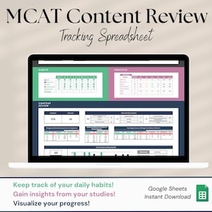 Foglio di calcolo per il monitoraggio della revisione dei contenuti MCAT (compatibile con i libri Kaplan) / Tracker di studio MCAT + Tracker delle abitudini + Programma di studio / Preparazione MCAT