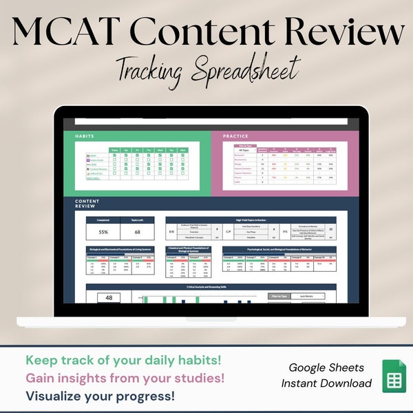 MCAT Content Review Tracking Spreadsheet (compatibel met Kaplan-boeken) | MCAT Studie Tracker + Gewoonte Tracker + Studieschema | MCAT-voorbereiding