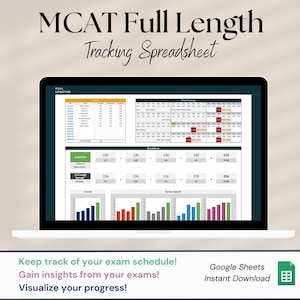 MCAT Full Length Exam Tracking Spreadsheet | Track Practice Exams, Plan Exam Schedule, MCAT Prep, Google Sheets Download