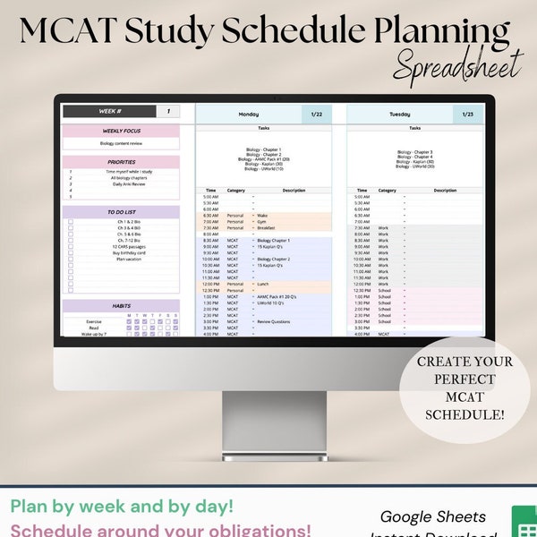 MCAT Studieschema Planning Spreadsheet | MCAT Study Tracker + Studieschema + Dagelijkse Planner | MCAT-voorbereiding