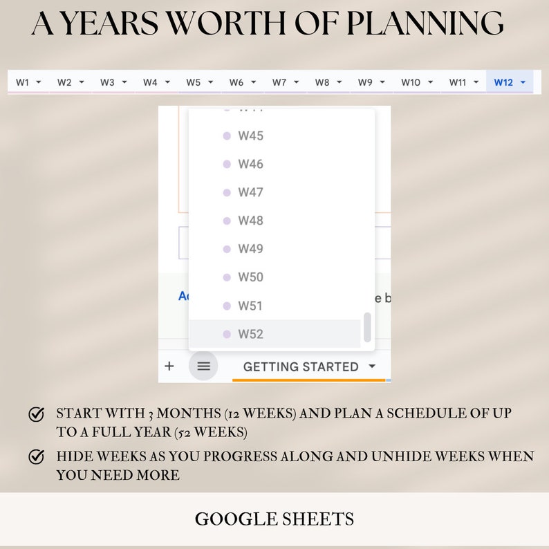 以下が含まれることがあります： 「A Years Worth of Planning」というタイトルのGoogleスプレッドシートのスクリーンショットです。スプレッドシートは52週に分けられており、ドロップダウンメニューで表示する週を選択できます。スプレッドシートには、「Getting Started」セクションも含まれており、スプレッドシートの使い方に関する説明が記載されています。