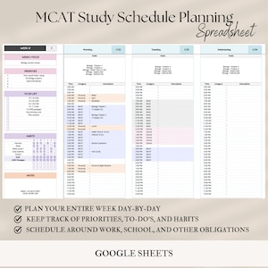 以下が含まれることがあります： Googleスプレッドシートで印刷可能なMCATの学習スケジュール計画スプレッドシート。スプレッドシートは、月曜日、火曜日、水曜日の3つの列に分かれています。各列には、時間列、カテゴリ列、説明列があります。スプレッドシートには、週間の目標、優先事項、やることリスト、習慣、メモのセクションが含まれています。
