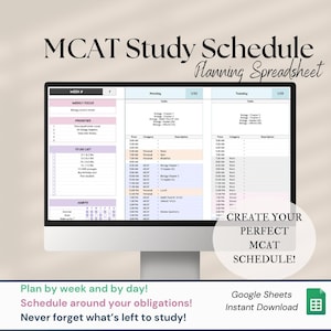 Feuille de calcul du calendrier de l'étude MCAT | Suivi de l'étude MCAT + programme de l'étude + agenda quotidien | Préparation MCAT
