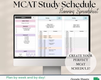 MCAT 学習スケジュール計画スプレッドシート | MCAT 学習トラッカー + 学習スケジュール + デイリープランナー | MCAT 準備