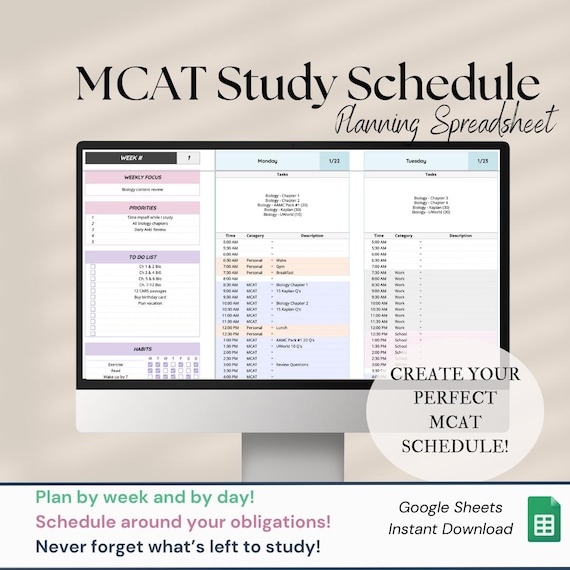MCAT Study Schedule Planning Spreadsheet | MCAT Study Tracker + Study Schedule + Daily Planner | MCAT Prep
