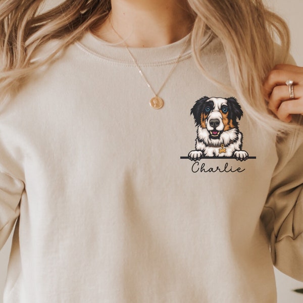 Personalized Australian Shepherd Sweatshirt, custom dog name shirt, custom dog face sweater, gift for Aussie owner, Aussie birthday gift