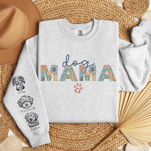 Custom Boho Dog Mama Sweatshirt with names on sleeve, Boho Dog Lover Gift for her, Custom Dog Mom Gift, Personalized Retro Dog Shirt