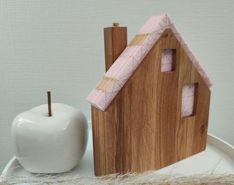 Napkin holder as a house with chimney made of solid oak, handmade