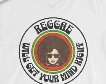 Unisex Short Sleeve V-Neck T-Shirt, Positive Energy Shirt: Reggae Music Mindset (Worn Style)