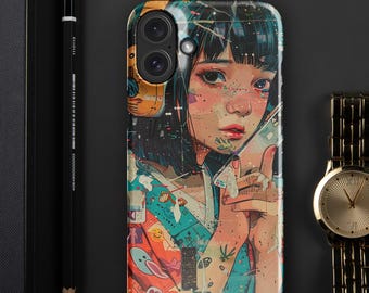かわいいアニメiPhone 15ケース – 明るいコラージュ、アジアンガール
