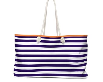 Striped Tote Bag | Weekend Bag | Travel Bag | Carry On | Canvas Large Purse | Navy Stiped Print