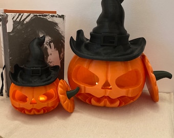 3D Printed Jack O Lantern Pumpkin, Halloween Decor with Witch Hat