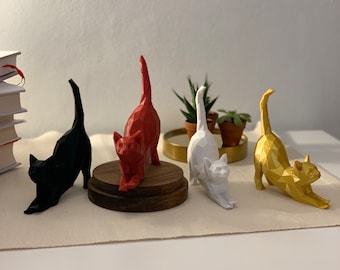 Stretching Cat Sculpture, Low Poly 3D Printed Cat Decor