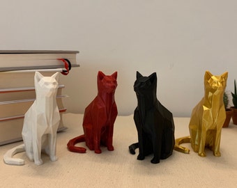Sitting Cat Sculpture, Low Poly 3D Printed Cat Decor