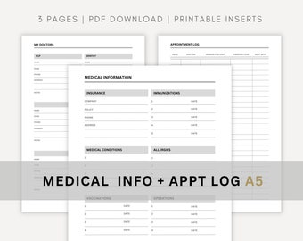 A5 - Medical Information + Appointment Log | Doctor, Health, Minimal Planner Inserts