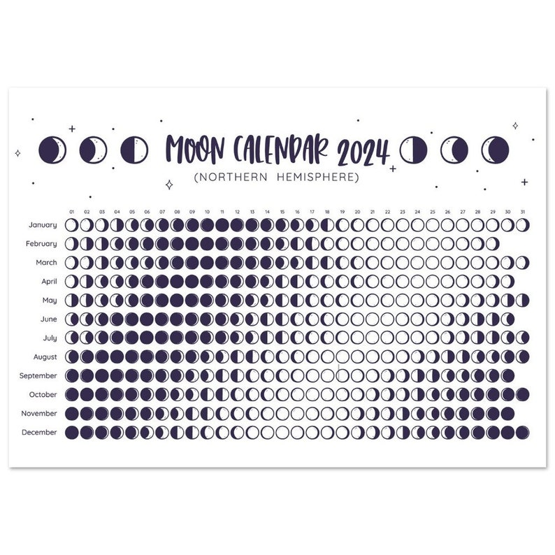 Moon Calendar 2024 Poster Calendar Lunar Calendar Northern Hemisphere