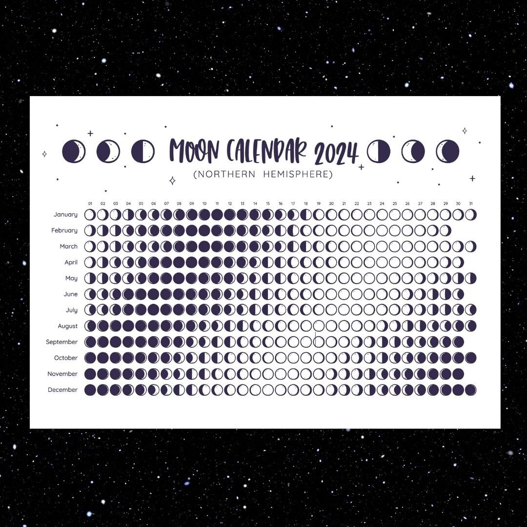 Moon Calendar 2024 Poster Calendar Lunar Calendar Northern Hemisphere