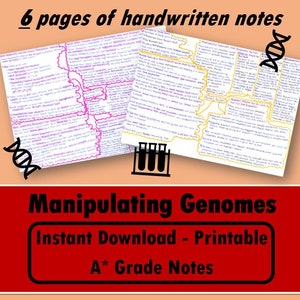 May include: Six pages of handwritten notes on manipulating genomes. The notes are organized in a mind map style with colorful highlights and diagrams. The text includes terms like "gene editing", "CRISPR", and "genome sequencing".