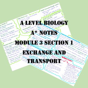 Könnte beinhalten: A-Level Biologie Notizen für Modul 3 Abschnitt 1 mit dem Titel "Austausch und Transport." Die Notizen sind handschriftlich in blauer und schwarzer Tinte auf weißem Papier geschrieben. Der Titel ist in Grün und Blau hervorgehoben.