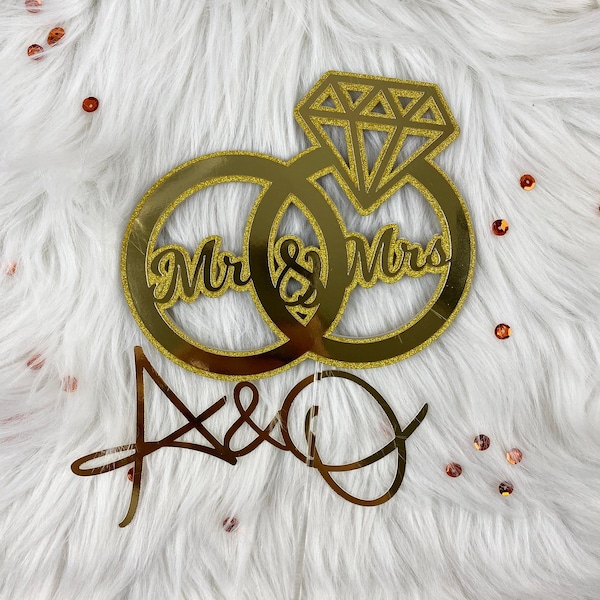 Mr & Mrs Wedding Cake Topper - Personalized Ring Decoration - Custom Gold Topper - Hochzeit Cake Decoration