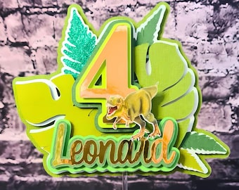 Green and Gold Dinosaur Cake Topper, Personalized Birthday Decoration