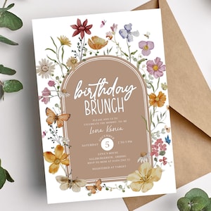 Bearbeitbare Geburtstagsbrunch-Einladung, Brunch-Einladung, Blumen, Text-Einladung, digitale Blumenbrunch-Telefon-Einladung