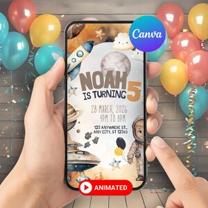 Kindergeburtstagseinladung, Geburtstagseinladung, digitale Einladung, bearbeitbare Canva-Einladung, Smartphone-Geburtstagseinladung, Galaxy-Astronaut-Einladung