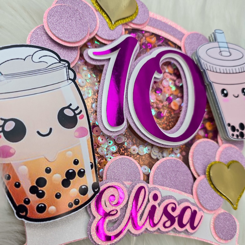 Pink Glitter Bubble Tea Cake Topper - Boba Tea Birthday Party Decoration With 6 Smiley Faces - View #13