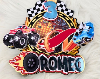 Topper de pastel de coche de carreras, fiesta de cumpleaños de ruedas, tapa de pastel de camión monstruo, topper de pastel de ruedas, cumpleaños de coche de carreras, decoración de pastel personalizado