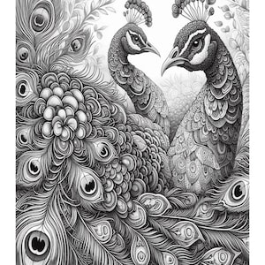 Grayscale Peacock Coloring Pages for Adults: Stress Relief (Printable, 25 Pages)