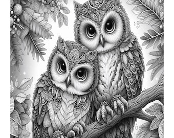 Grayscale Owls Coloring Pages for Adults: Stress Relief (Printable PDF)
