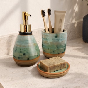 Handmade Ceramic Bathroom Set, Soap Dispenser,  Toothbrush Holder,  Soap dish