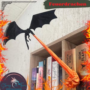 May include: A black dragon figurine with wings outstretched, breathing fire towards a bookshelf. The bookshelf is filled with books with titles like "Fourth Wing" and "Iron Flame".
