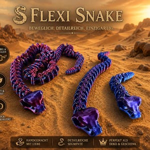 Könnte beinhalten: Drei bewegliche Schlangenfiguren mit einem metallischen violett-blauen Farbverlauf. Die Schlangen haben segmentierte Körper und detaillierte Köpfe. Der Text auf dem Bild umfasst FLEXI SNAKE, BEWEGLICH. DETAILREICH. EINZIGARTIG., FLEXIBEL & BEWEGLICH, LEICHT & ROBUST, 3D DRUCK PREMIUM QUALITÄT, HANDGEMACHT MIT LIEBE, DETAILREICHE SEGMENTE und PERFEKT ALS DEKO & GESCHENK.