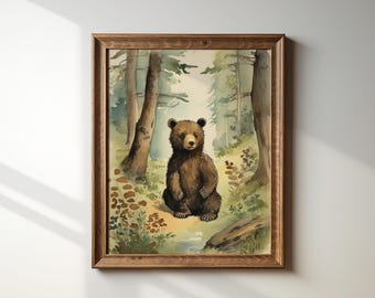 Woodland Nursery Art | Watercolor Bear Print | Animal Bear Art | Forest Nursery Print | Kids Wall Art | Forest Animal Poster | Digital Files