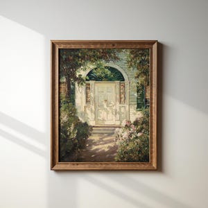 Puede incluir: Una pintura al óleo enmarcada que representa una puerta blanca con un arco decorativo y un camino de jardín que conduce a ella. La puerta está rodeada de exuberante vegetación y flores, y la escena está bañada por la luz del sol.
