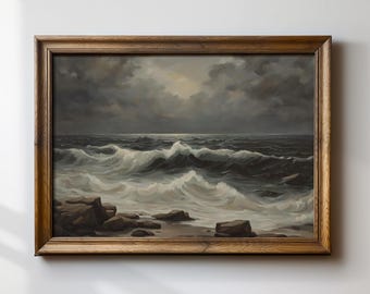 Moody Vintage Beach Painting, Coastal Wall Art, Nautical Ocean Art Print, Serene Seascape, Beach House Decor, Coastal Grandmother Aesthetic