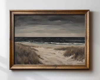 ムーディな海岸沿いのウォールアート、ヴィンテージの海景画、海の装飾、ダークオーシャンプリント、海岸沿いのおばあちゃんの美学、プレッピーなビーチハウスアート
