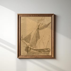 May include: A framed sepia-toned sketch of a sailing boat with billowing sails. The artwork is in a wooden frame. The drawing depicts the boat at sea, with detailed lines capturing the vessel's structure and movement. A classic piece.