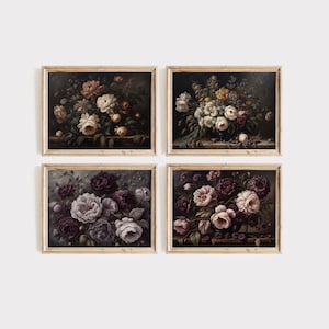 Moody Floral Art Set - Dark Floral Art, Gothic Flower Print, Whimsigoth Decor, Antique Victorian Botanical, Moody Flower Wall Art