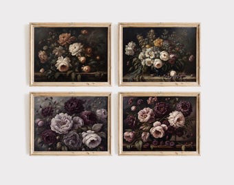 Conjunto de arte floral de estilo melancólico: arte floral oscuro, estampado floral gótico, decoración Whimsigoth, botánica victoriana antigua, arte mural con flores de estilo melancólico