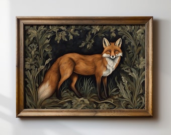 Woodland Fox Art | Woodland Animal Art Print | Dark Cottagecore Art | Fox Nursery Decor | William Morris-Inspired Art